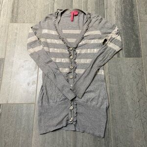 Charlotte Tarantola Striped Ruffle Sequin V Neck Button Cardigan Sweater Medium
